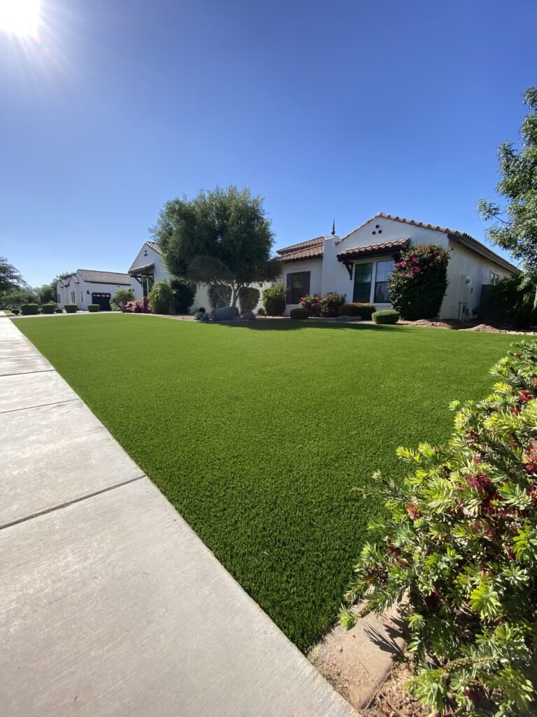 Front yard artificial turf installation in Queen Creek, Arizona using TigerTurf Northern Diamond Series by All Valley Turf — 2,600 sq ft turf conversion.